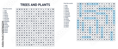 Φωτογραφία Trees and Plants word search puzzle for kids, find hidden words, printable with