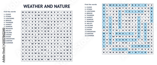 Weather and Nature word search puzzle for kids, find hidden words, printable with answer key