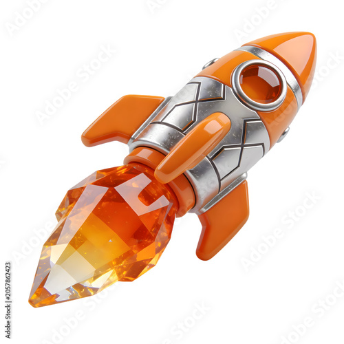 Small orange and silver cartoon rocket with fiery flame booster.