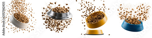Colorful dog food bowls with kibble spilling out isolated on transparent background