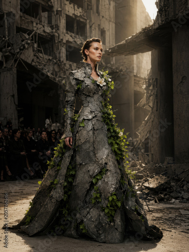 A fashion model walks confidently in a dress made of stone and greenery amidst a post-apocalyptic setting. Unique blend of nature and fashion.