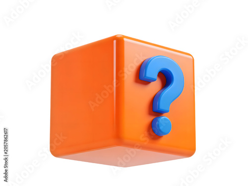Bright orange 3D cube with a blue question mark on a curved surface, symbolizing curiosity, inquiry, problem solving, and uncertainty in a modern, minimalistic style