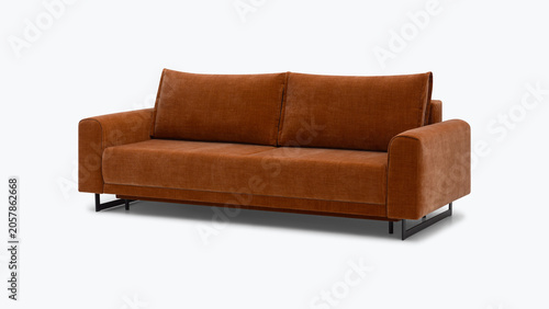 Stylish rust colored velvet sofa with black metal frame isolated view