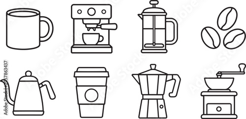 Foto Coffee Modern and Premium Icon Set, Featuring mug, espresso machine, french pres
