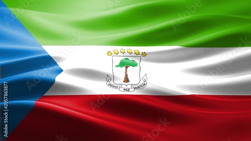 Sierra Leone national flag waving in wind with emblem against cloudy sky background