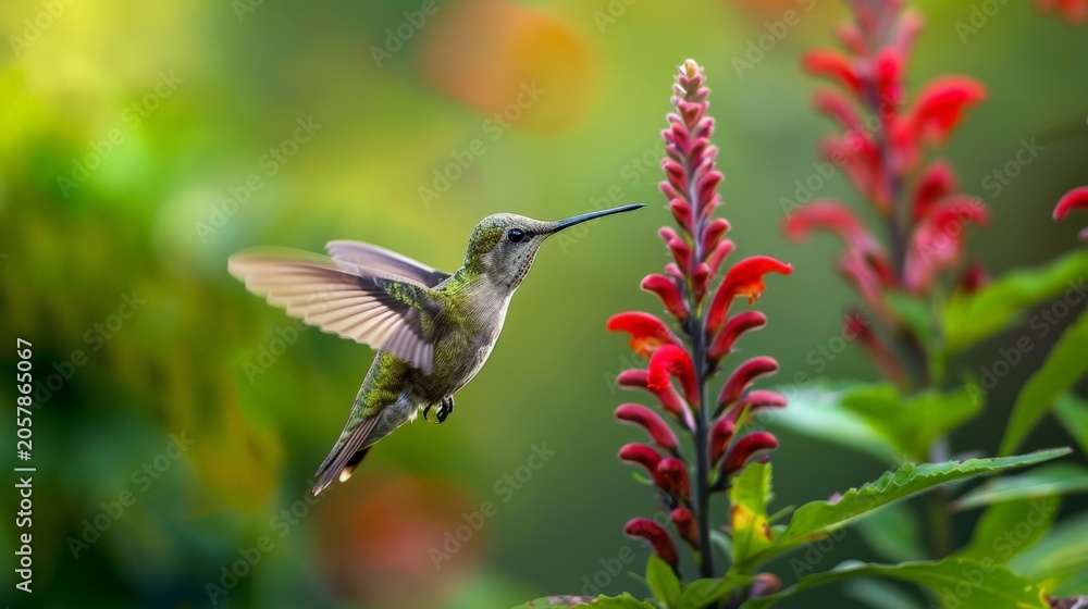 Obraz premium Hummingbird hovers near bright red flowers. Wings beat fast, capturing motion blur. Background is lush green with soft bokeh. Image perfect for nature, wildlife, or travel themes