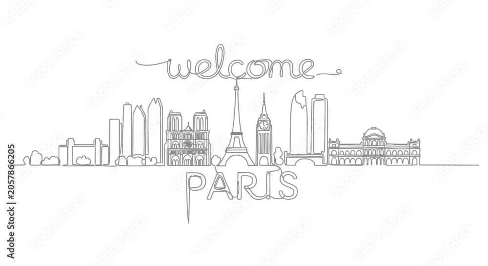Fototapeta premium Welcome to Paris line art. Skyline illustration on white.