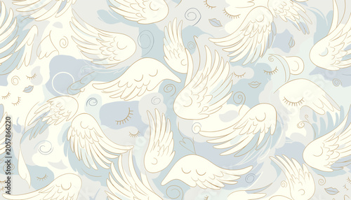 Tableau sur toile A whimsical and dreamy pattern featuring numerous stylized white angel wings scattered across a soft blue and cream background with subtle cloud-like swirls and small leaf motifs