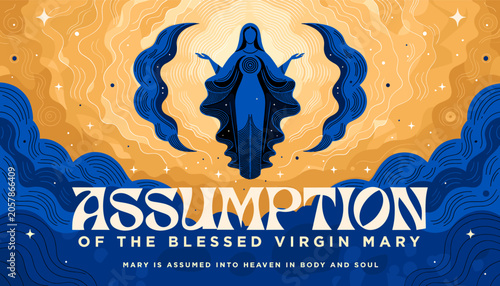Canvastavla The Assumption of the Blessed Virgin Mary, depicted with a stylized blue figure ascending into a golden, wavy sky