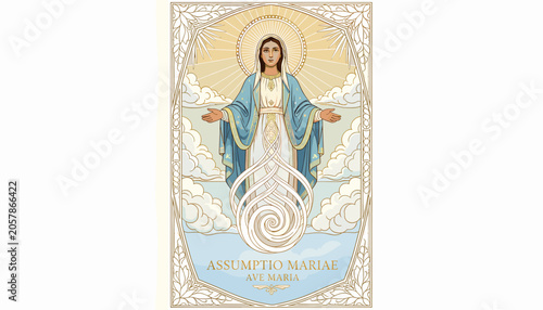Bild auf Leinwand Art Nouveau depiction of the Assumption of Mary, surrounded by clouds and radiant light, with intricate decorative borders