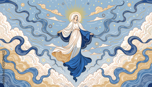 Fotografija An ethereal depiction of the Virgin Mary ascending into a celestial sky, surrounded by swirling clouds and starry patterns, symbolizing divine grace and spiritual ascension