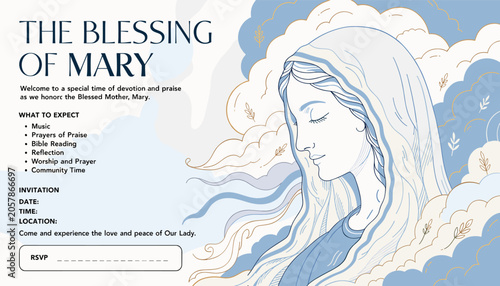 Canvastavla A serene illustration of the Virgin Mary in profile, surrounded by blue and white patterns, accompanying an event invitation for The Blessing of Mary with details on devotion and praise