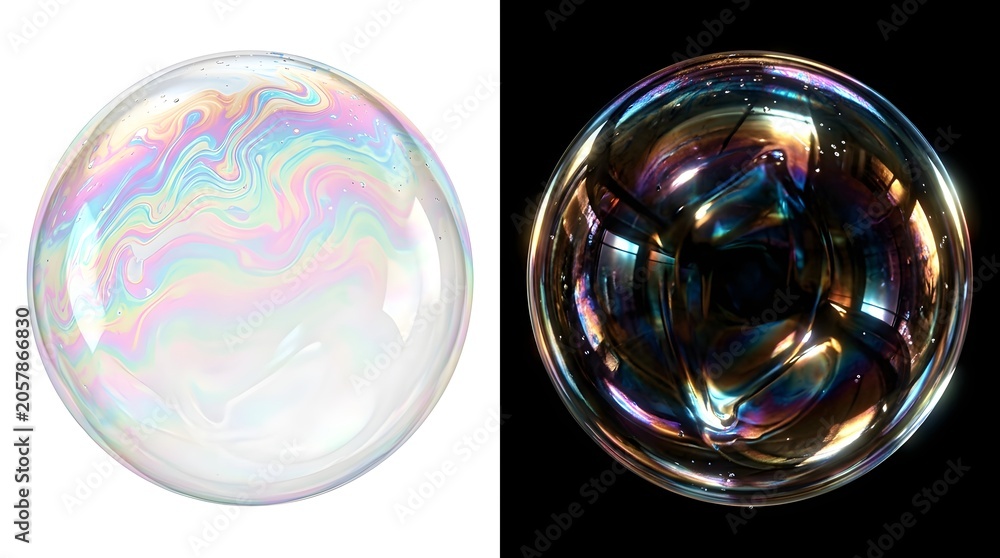 Fototapeta premium Iridescent Soap Bubble Spheres with Colorful Refractions on Split White and Black Backgrounds