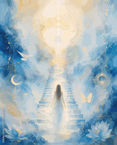 Fotografija A woman in a white dress ascends a luminous staircase towards a divine light, surrounded by ethereal clouds, celestial symbols, and blooming lotuses