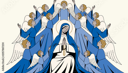 Fotografi Stylized depiction of the Virgin Mary kneeling in prayer, surrounded by a choir of angels with outstretched arms, in a serene religious illustration