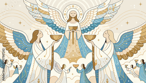 Photos A serene illustration of numerous angels with golden and blue wings, holding chalices and scales in a heavenly, ethereal setting, symbolizing peace and divine grace