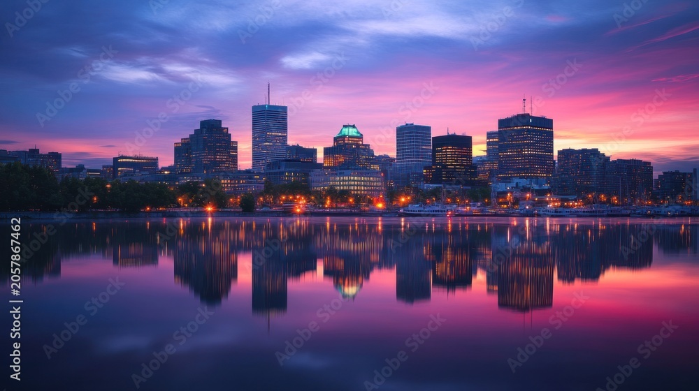 Naklejka premium Montreal Skyline at Dawn: A Breathtaking Reflection