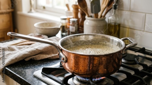 Creamy sauce simmering on a gas stovetop in a bright cozy kitchen culinary preparation food photography
