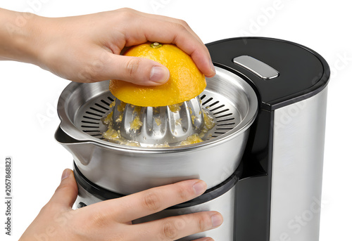 Close-up of fresh yellow lemon being squeezed with a hand citrus juicer on a kitchen countertop, showcasing healthy fresh juice extraction process for cooking and drink preparation