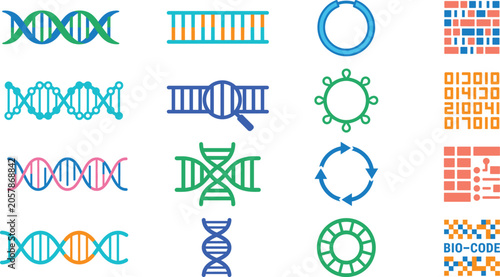 Schilderij op canvas DNA and Genetic Engineering Icon Collection Vector Set Featuring Genome Analysis