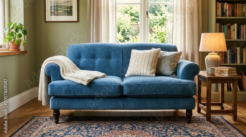 Cozy living room with blue velvet sofa and natural light