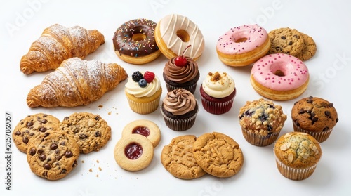 Assorted fresh bakery items including glazed donuts croissants and muffins with baked goods croissants breakfast assorted chocolate collection cupcakes delicious pastries