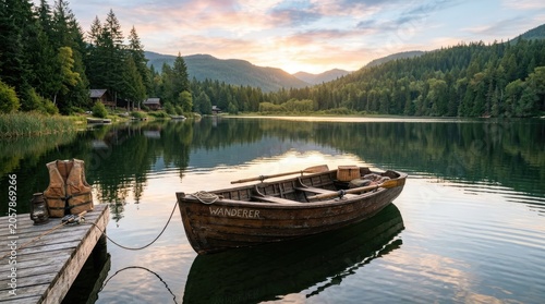 Serene lake scene with wooden boat and cabin