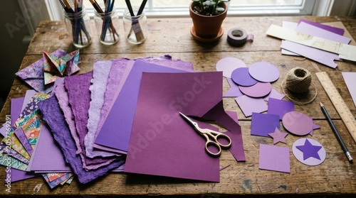 Purple paper crafting supplies on a wooden desk with scissors and paintbrushes