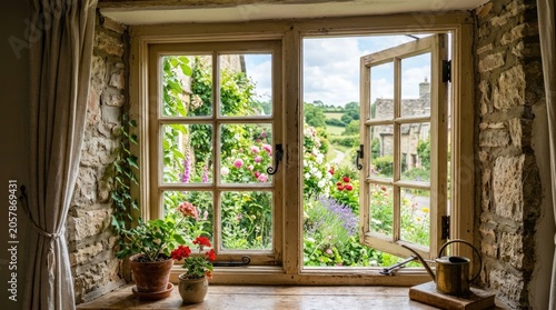 Charming cottage window view lush english garden stone walls and open window with floral blooms