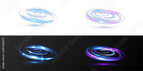 Set of glowing neon spiral light rings with blue and purple energy trails. Futuristic circular vortex effects isolated on transparent background.