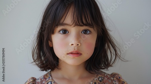 Close-up of a young girl with soft brown hair and large, curious eyes. She gazes directly at the camera with a gentle, slightly thoughtful expression. Her cheeks have a subtle blush
