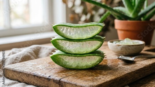 Sliced aloe vera on wooden board with potted plant