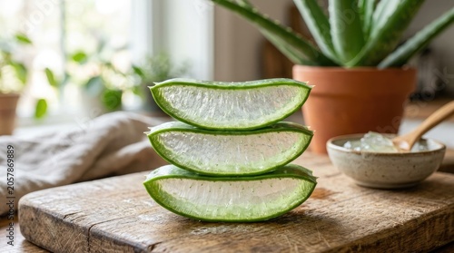 Aloe vera slices on a wooden cutting board with a bowl of aloe gel and a potted plant