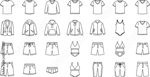 Tableau sur toile Collection of minimalist black and white clothing icons featuring shirts, jacket