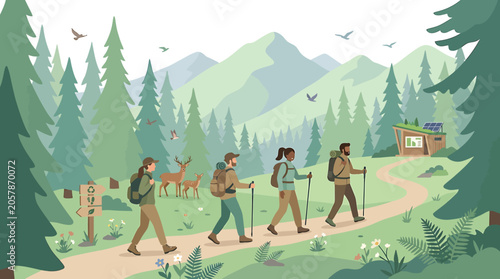Hikers walking on a mountain forest trail with a deer and cabin in a national park landscape scene outdoors.