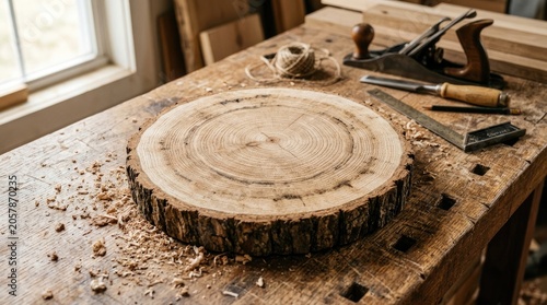 Woodworking tools and wooden log on a workbench in a workshop