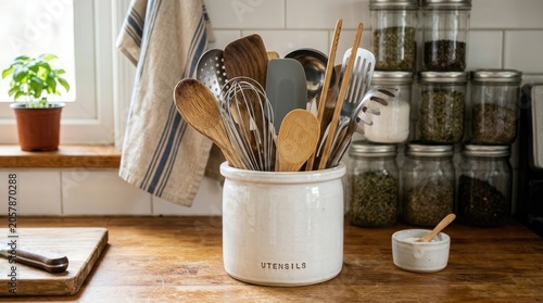 Kitchen utensil holder with wooden and metal cooking tools on a wooden countertop