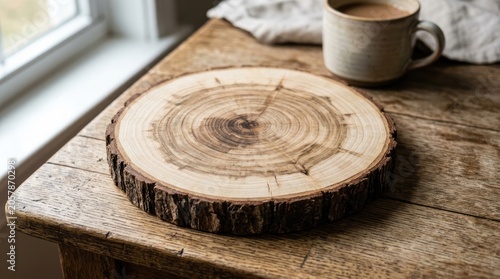 Rustic wooden tree slice on vintage table with coffee cup