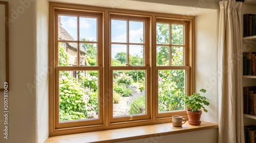 Bright interior view through traditional wooden sash windows overlooking a lush english country garden in summer