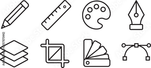 Photos Design Modern and Premium Icon Set, Featuring pencil, ruler, palette, nib and Mo