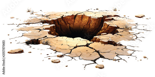 Photos Large deep hole in dry cracked desert ground with brown earth texture