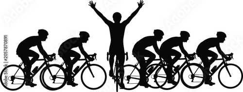 Obraz na plátne Cycling race silhouette icons with victorious cyclist raising arms and competito