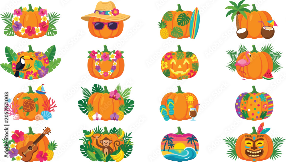 Naklejka premium Pumpkins with tropical motifs decorate this vibrant seasonal collection.