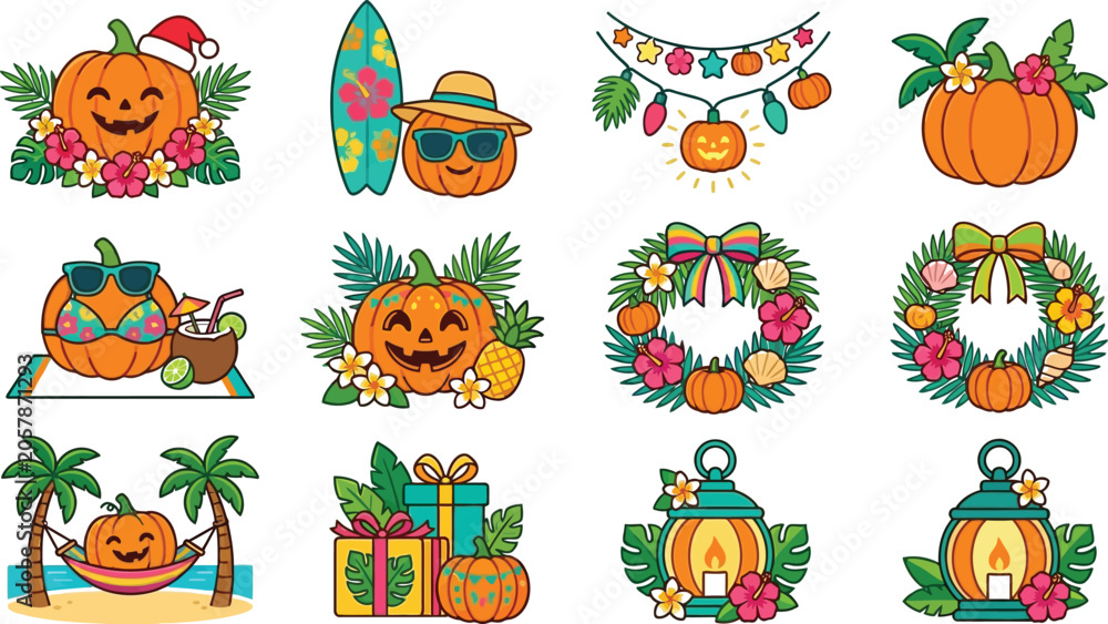 Fototapeta premium Pumpkins with tropical motifs represent a fun summer halloween.