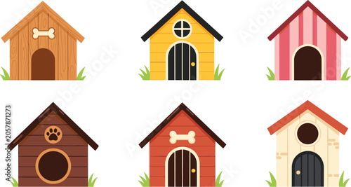 Foto Dog house collection, cartoon pet shelter vector set, kennel design elements, an