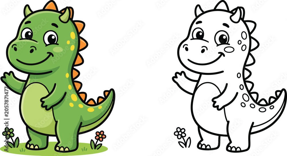 Naklejka premium Color and outline cartoon dinosaur mascot illustration with coloring page, line art