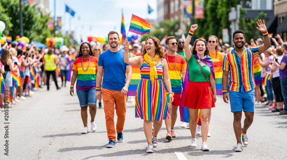 Obraz premium Group of diverse people walking joyfully in rainbow colored clothing on parade for Pride Month 