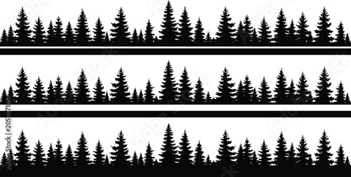 Evergreen forest silhouette rows with pine and fir trees in layered landscape design for vector artwork