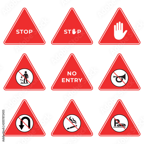 Stop and Prohibition Signs Vector Set with No Entry, No Smoking, No Littering, No Horn and No U Turn Warning Symbols
