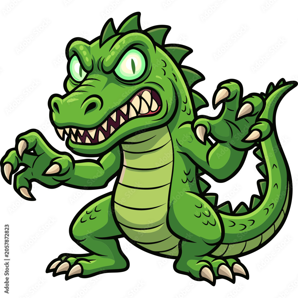 Fototapeta premium A cartoon green dinosaur stands aggressively in a neutral environment